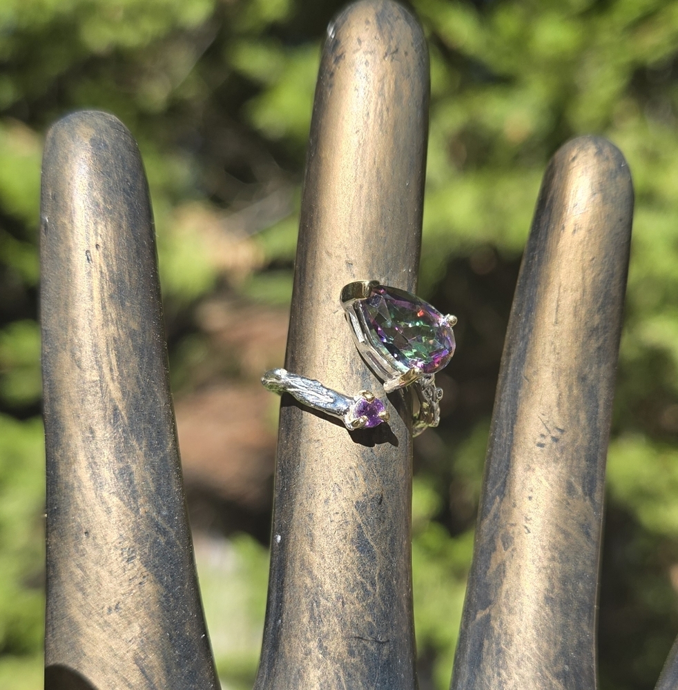 Sultans Mystic Stone & Amethyst Teardrop Sterling & Gold Ring Sz7 - Picture 3 of 10